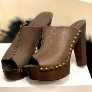 Brown Leather stud mules